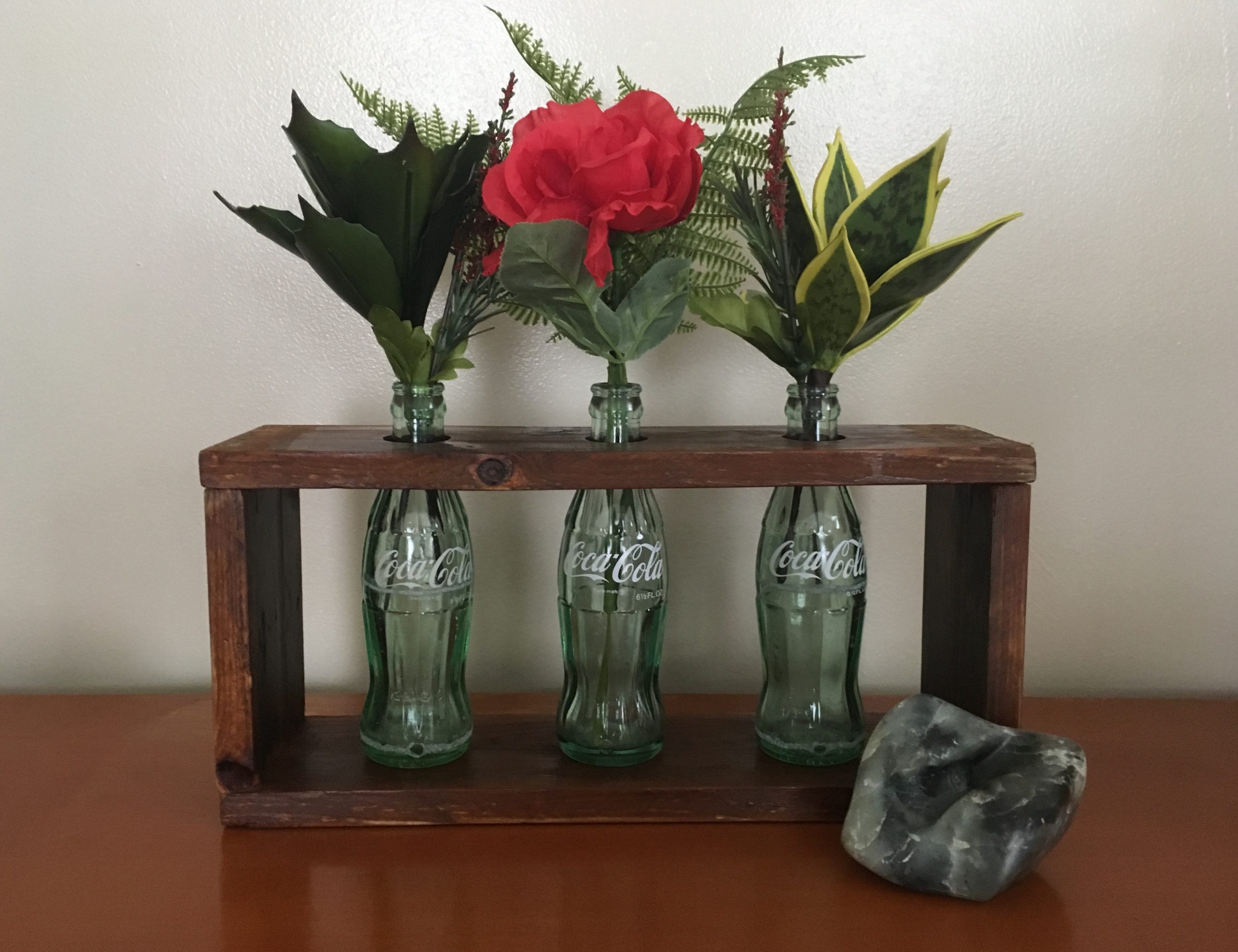 Reclaimed Wood and Glass Bottle Centerpiece