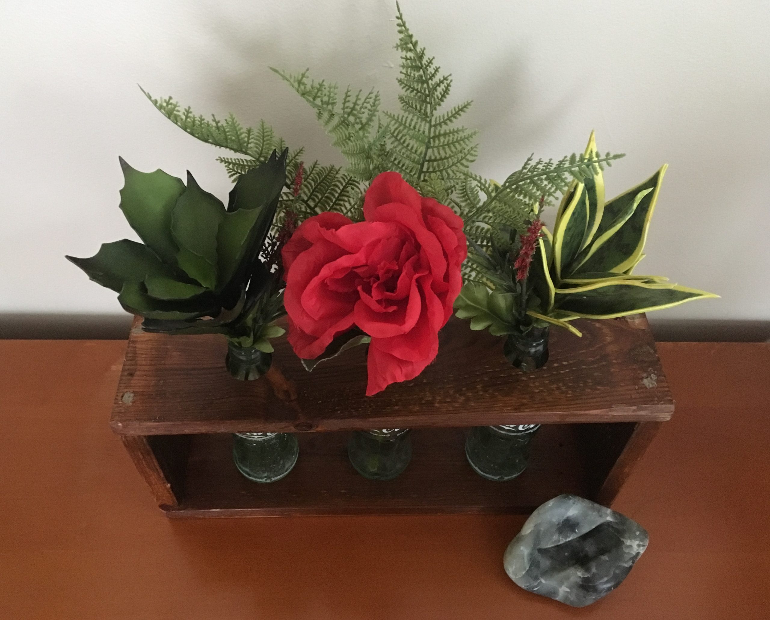 Reclaimed Wood and Glass Bottle Centerpiece